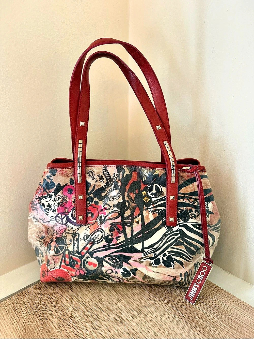 Jimmy Choo Scarlet Painted Icon Print Glazed Canvas Tote Bag Tote Red &